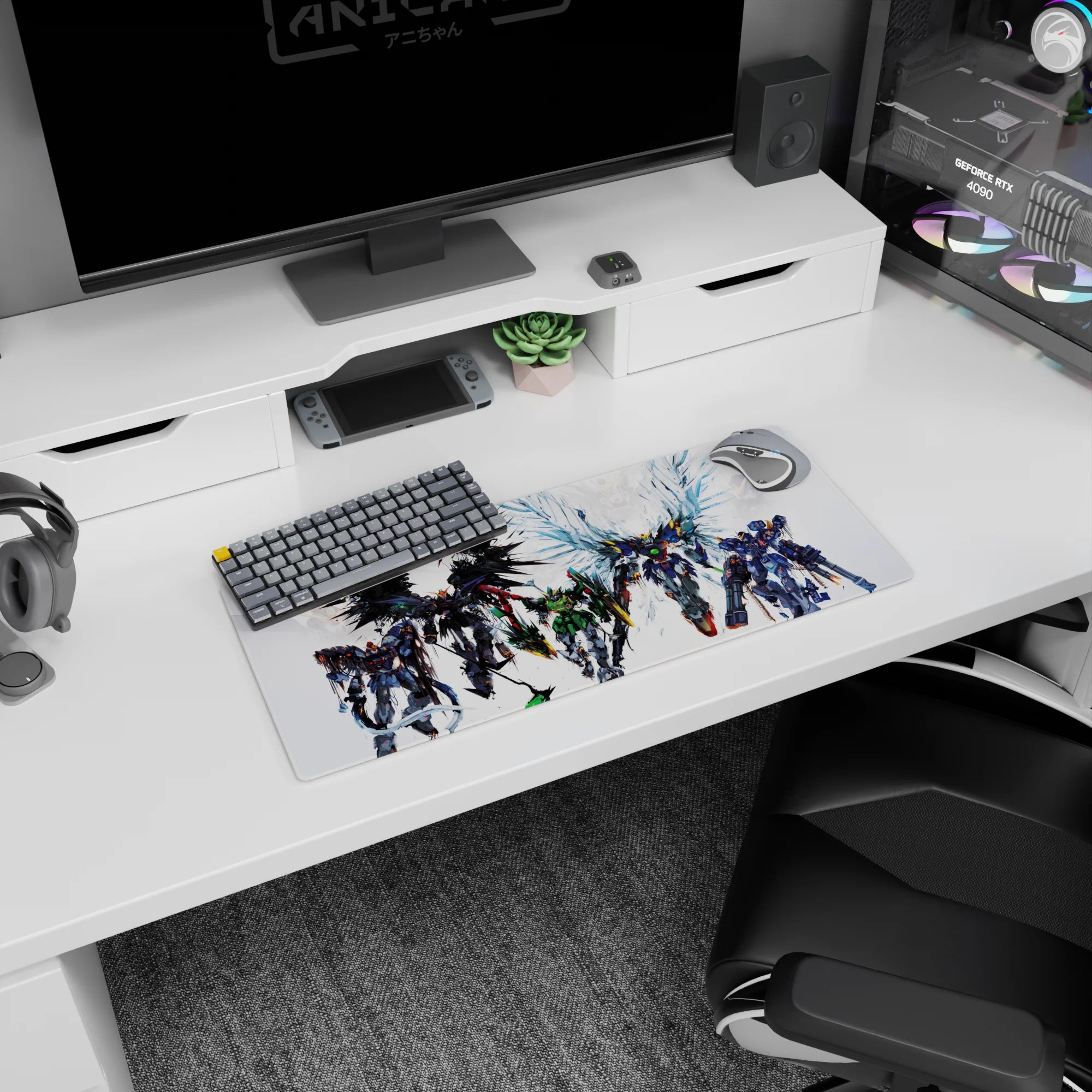 28x12 inches anime mouse pad showing a towering mecha with shattered-glass blue wings leading a squad.