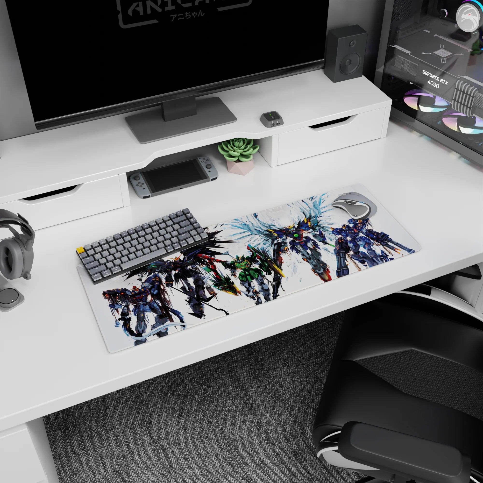 32x12 inches anime mouse pad featuring a towering mecha with shattered-glass blue wings leading the team.