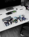 32x12 inches anime mouse pad featuring a towering mecha with shattered-glass blue wings leading the team.