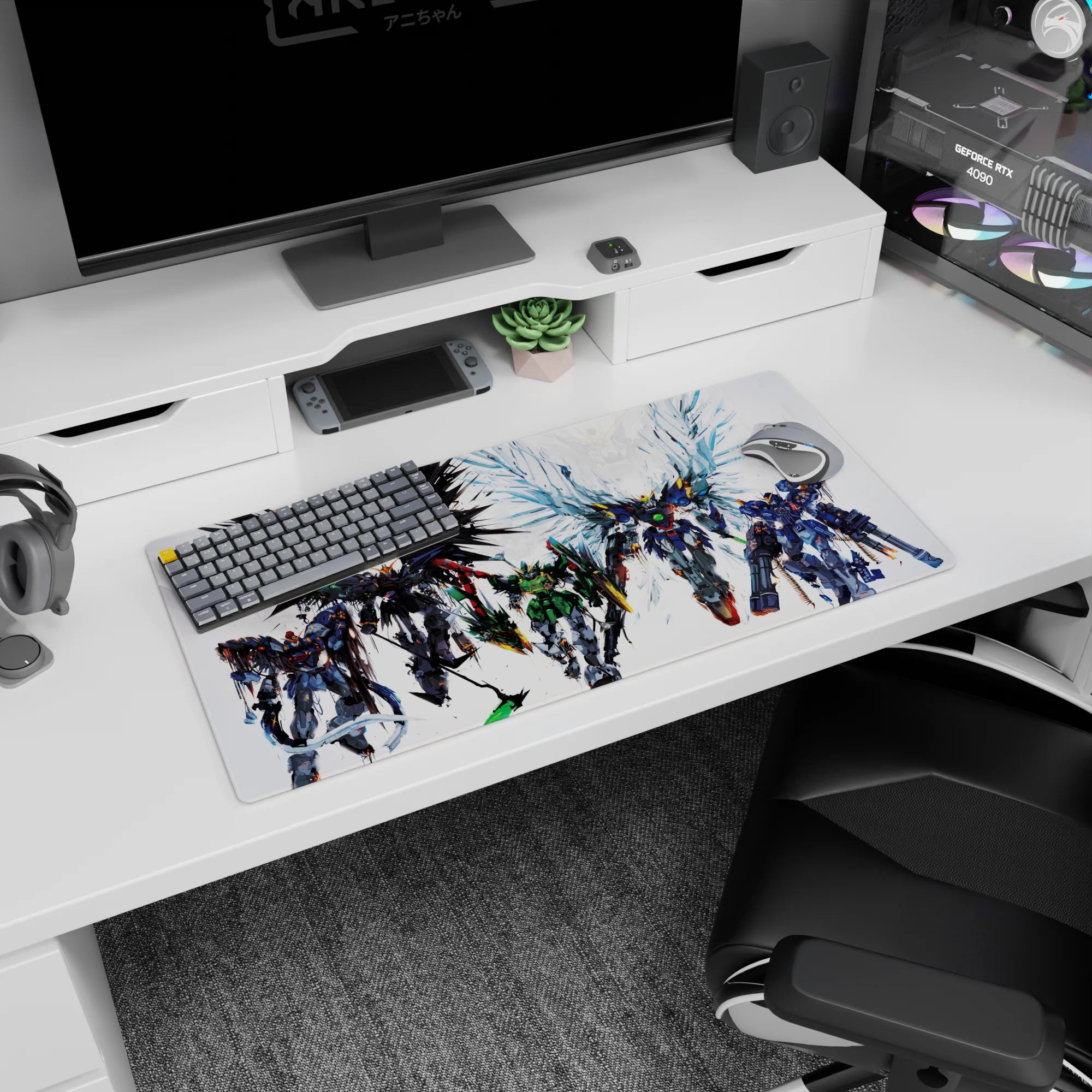 32x16 inches anime mouse pad showing a massive mech spreading shattered-glass blue wings over its squad.
