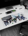 32x16 inches anime mouse pad showing a massive mech spreading shattered-glass blue wings over its squad.