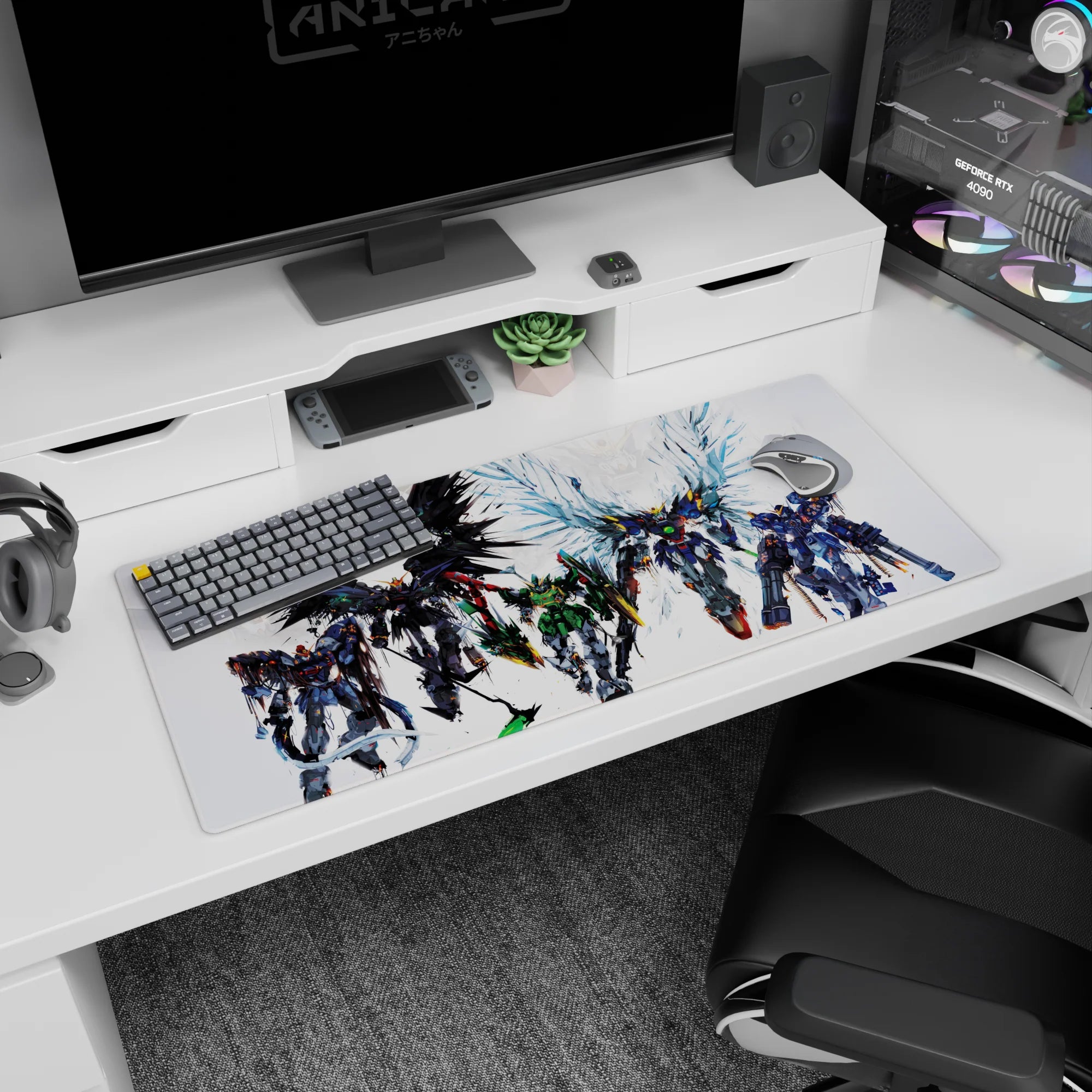 36x16 inches anime desk pad featuring a towering mech with shattered-glass blue wings leading a suit lineup.