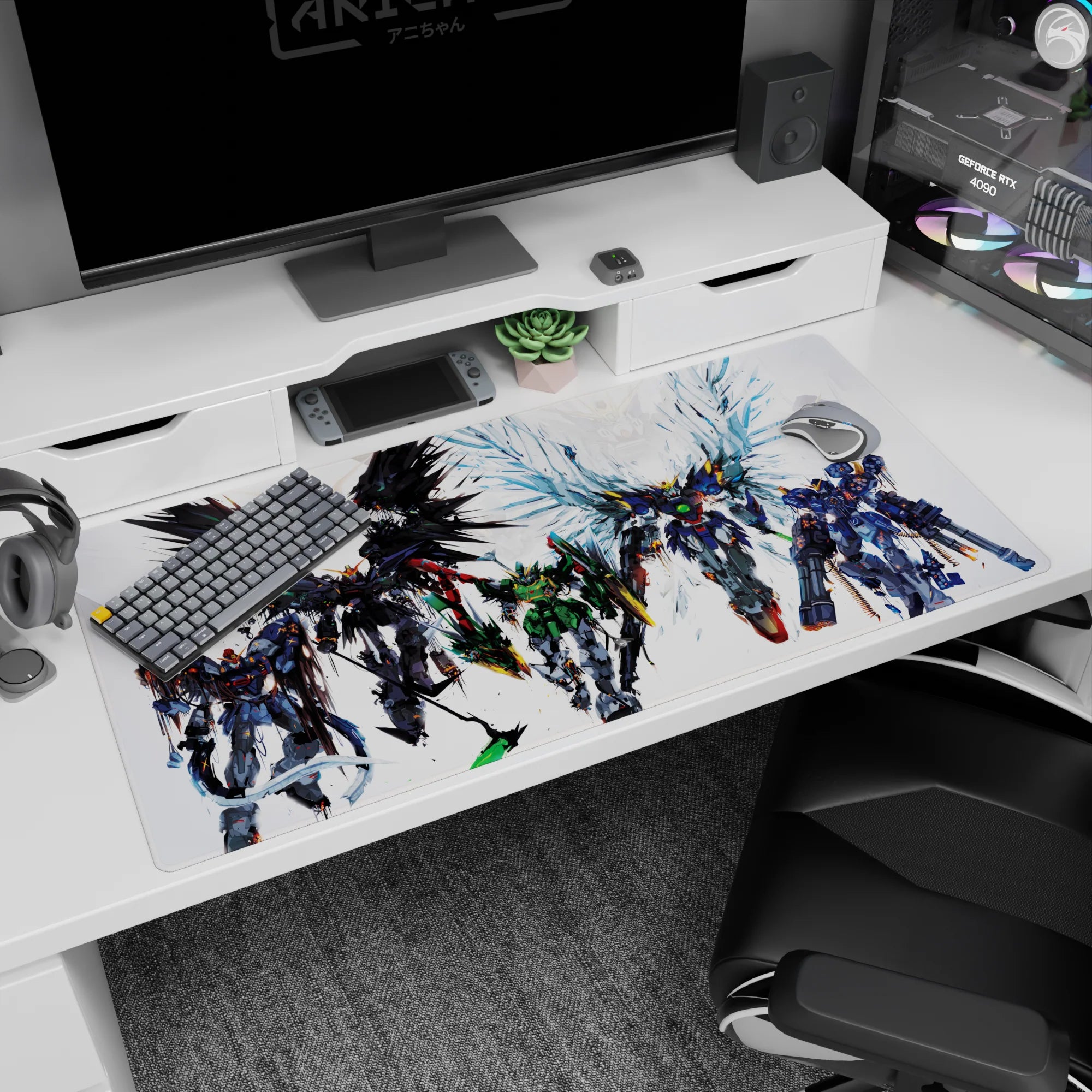 Massive mecha with shattered-glass blue wings leading a squad on an anime desk pad, 40x20 inches.