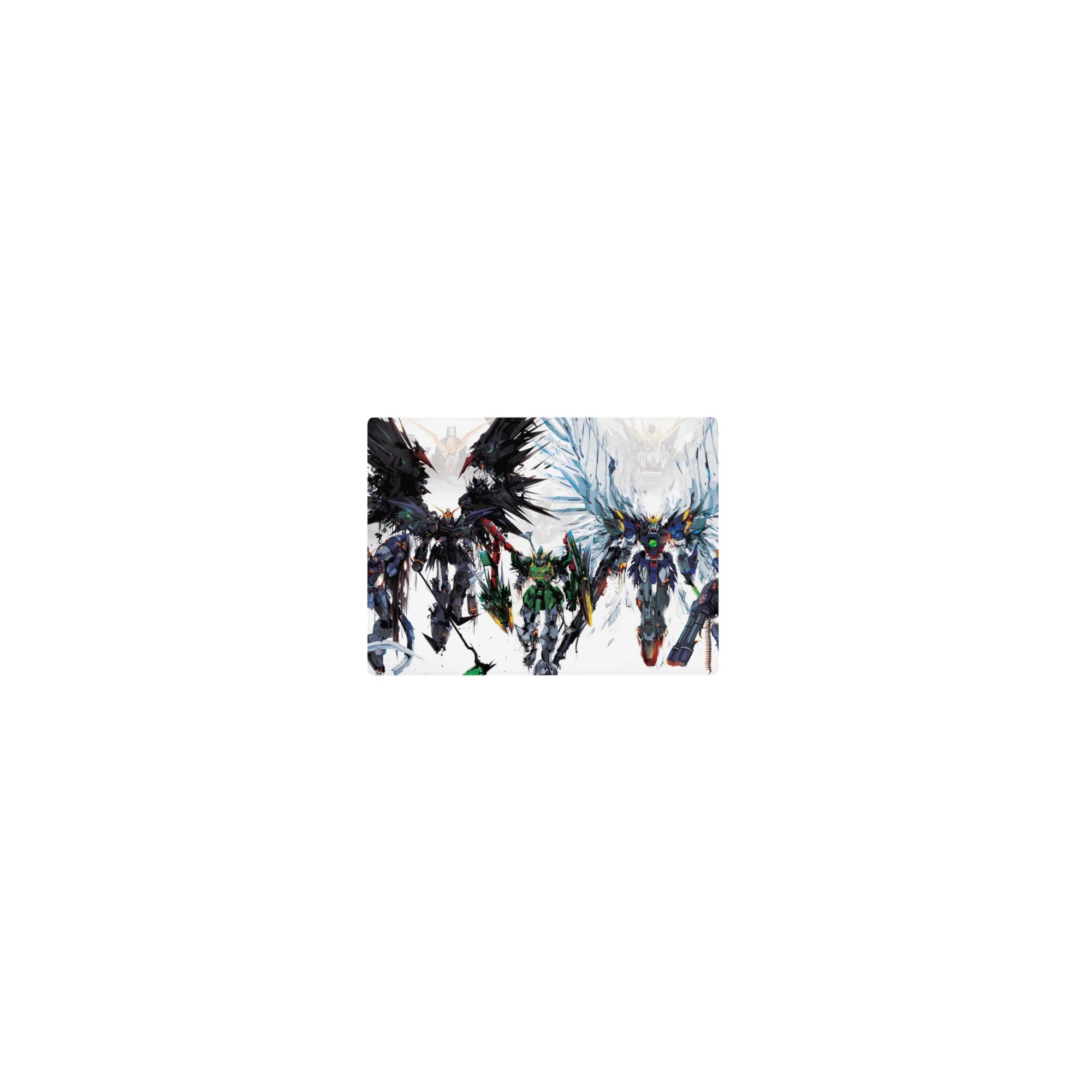 Classic anime mecha squad mouse pad 14x10 inches with sharp silhouettes and paint-splatter edges.