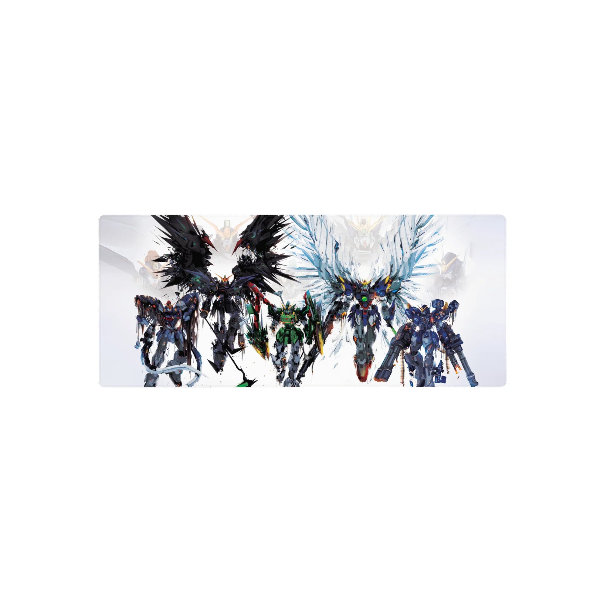 28x12 inches anime mecha squad mouse pad with black, green, steel-gray suits and blue winged unit.