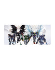 28x12 inches anime mecha squad mouse pad with black, green, steel-gray suits and blue winged unit.