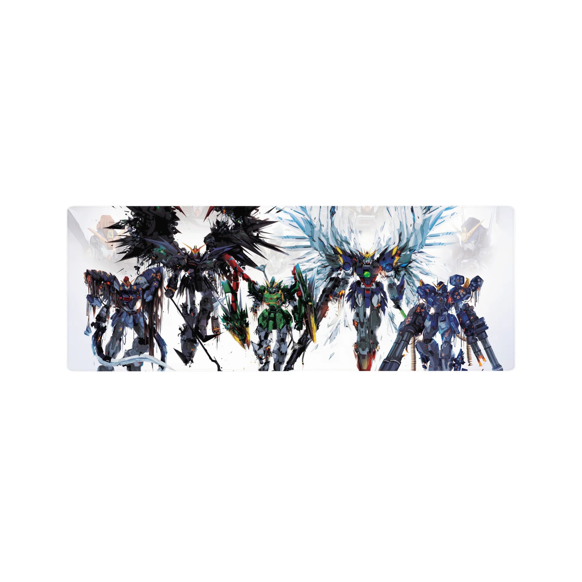 32x12 inches anime mecha squad desk mouse pad with sharp silhouettes and poster-style paint splatter.