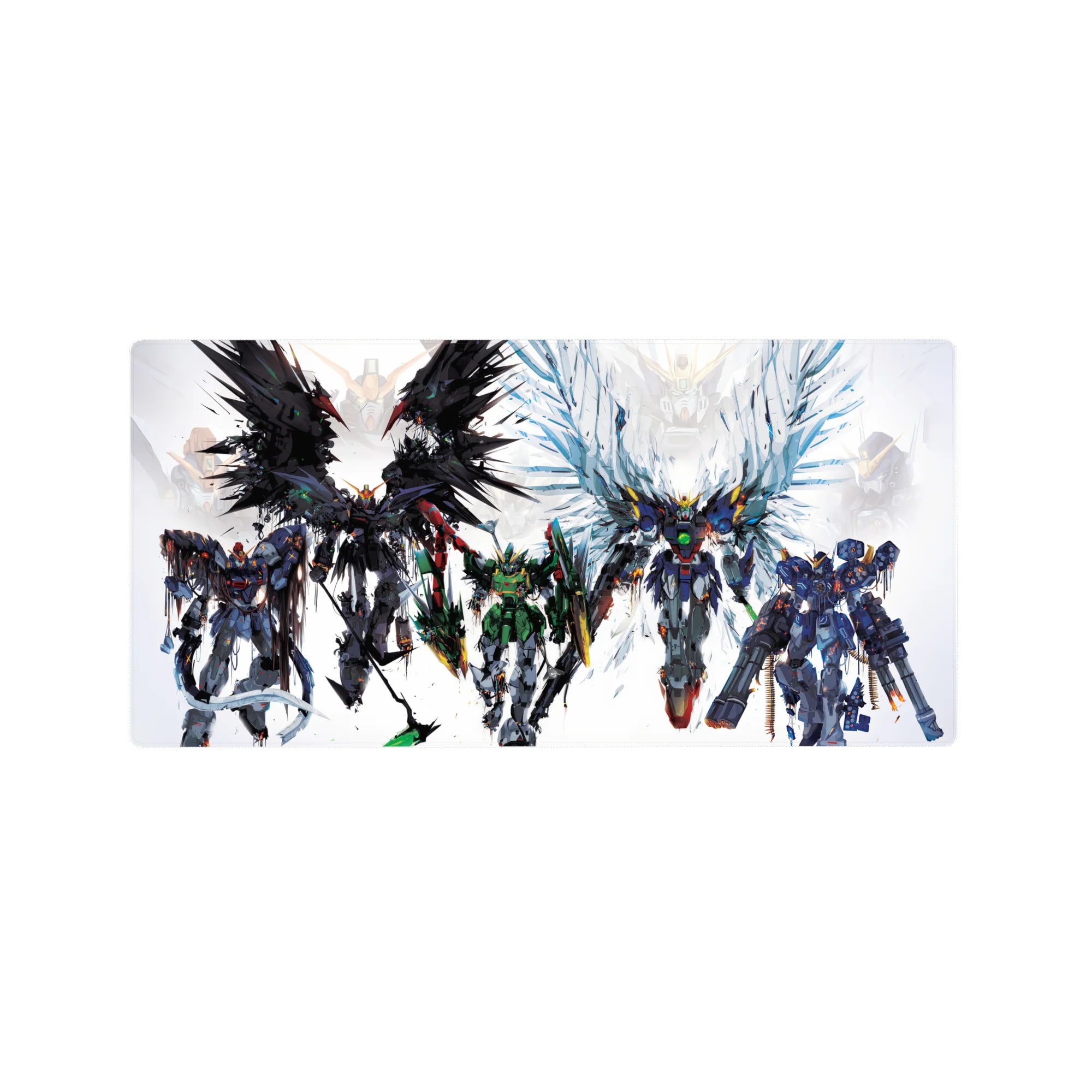 32x16 inches anime mouse pad with Gundam-style mecha squad, sharp silhouettes and paint-splatter edges.