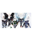 32x16 inches anime mouse pad with Gundam-style mecha squad, sharp silhouettes and paint-splatter edges.