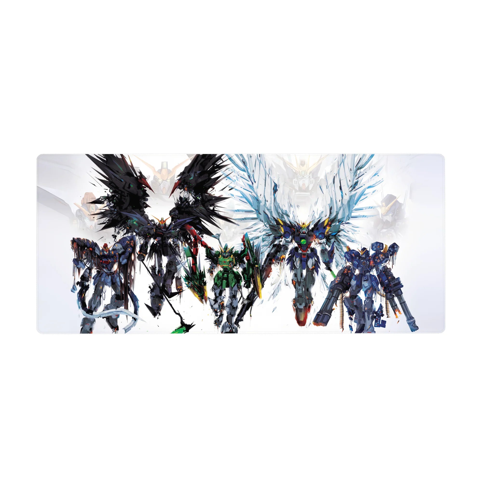 36x16 inches anime desk pad with Gundam-style mecha squad poster art, sharp silhouettes and paint-splatter edges.