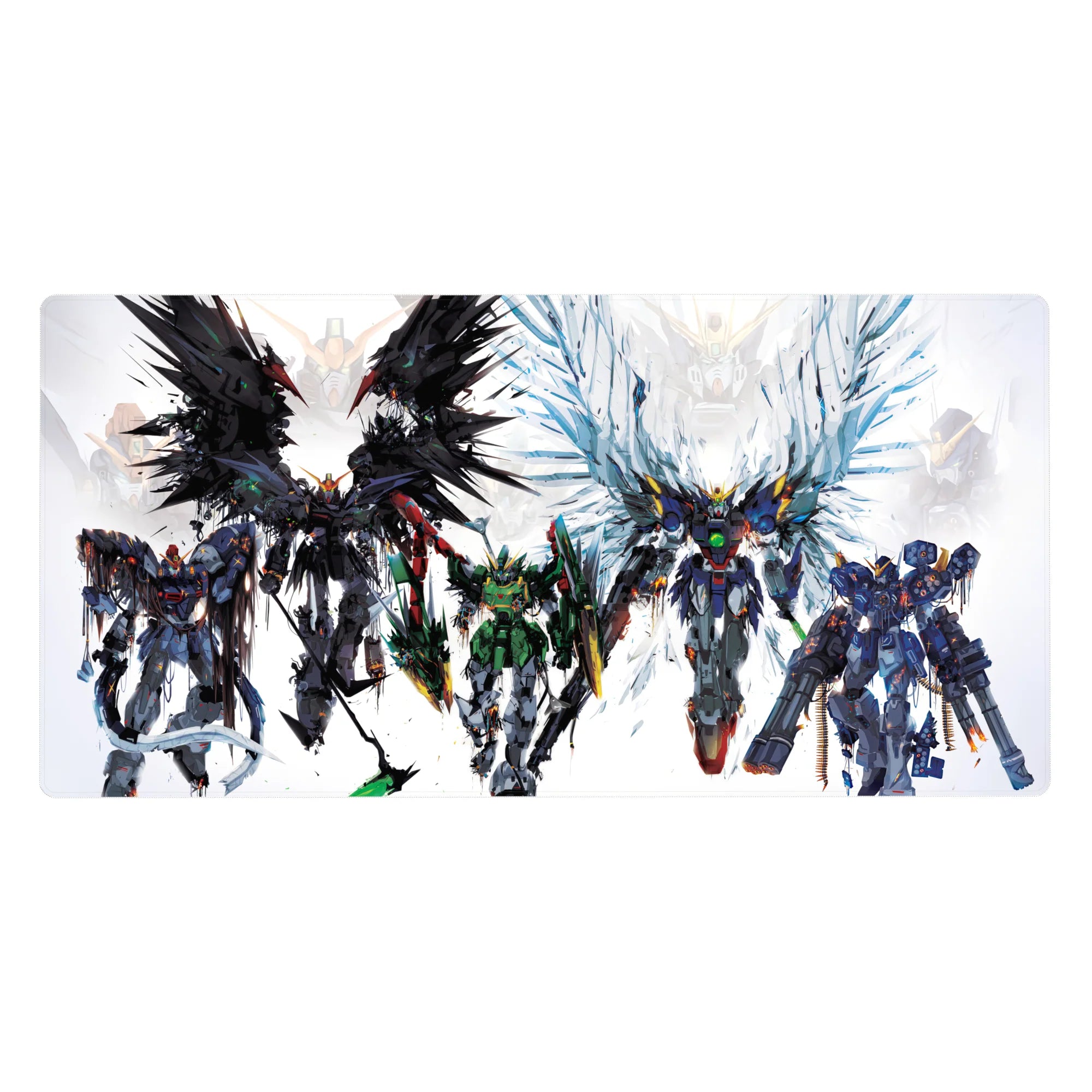 Gundam-style mecha squad anime desk pad, poster-like artwork, 40x20 inches.