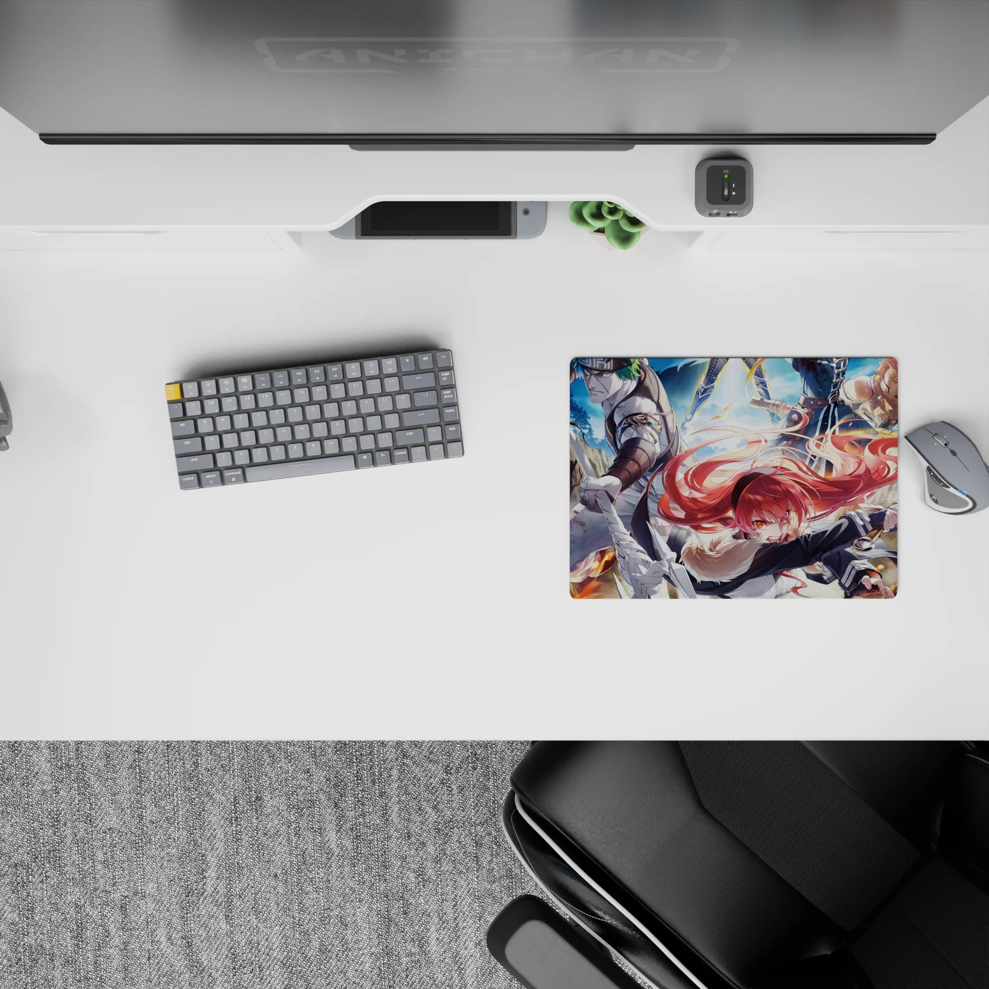 Fiery orange embers vs cool blue sky on a classic anime mouse pad 14x10 inches, high-energy action mood.