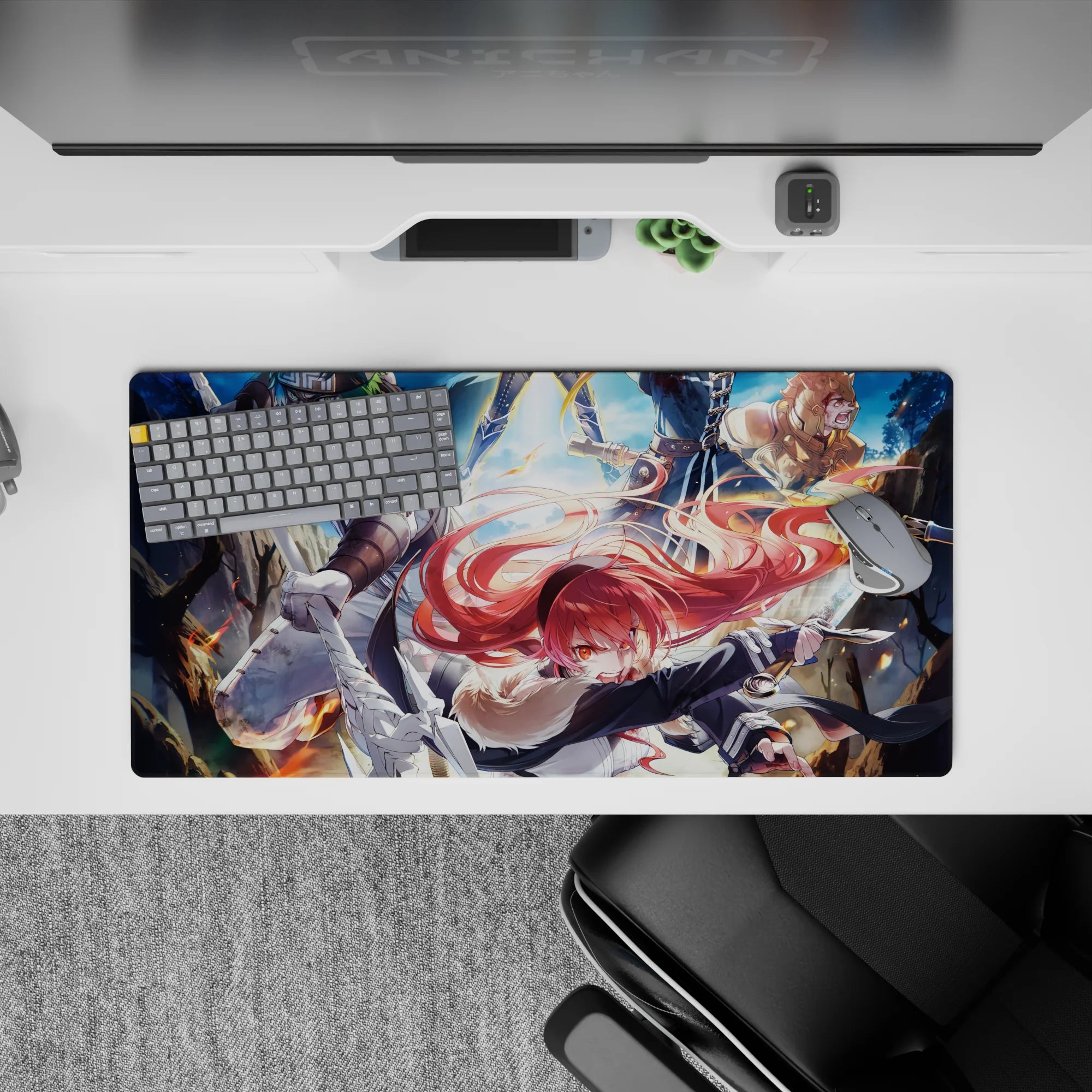 32x16 inches anime mouse pad in fiery orange and cool blue, high-energy battle mood with sharp highlights.