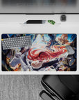 32x16 inches anime mouse pad in fiery orange and cool blue, high-energy battle mood with sharp highlights.