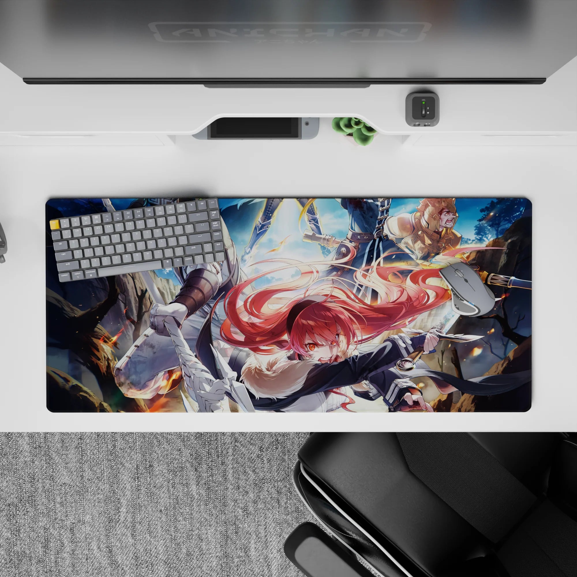 36x16 inches anime desk pad in cool blue sky with fiery orange embers, high-energy battle mood.