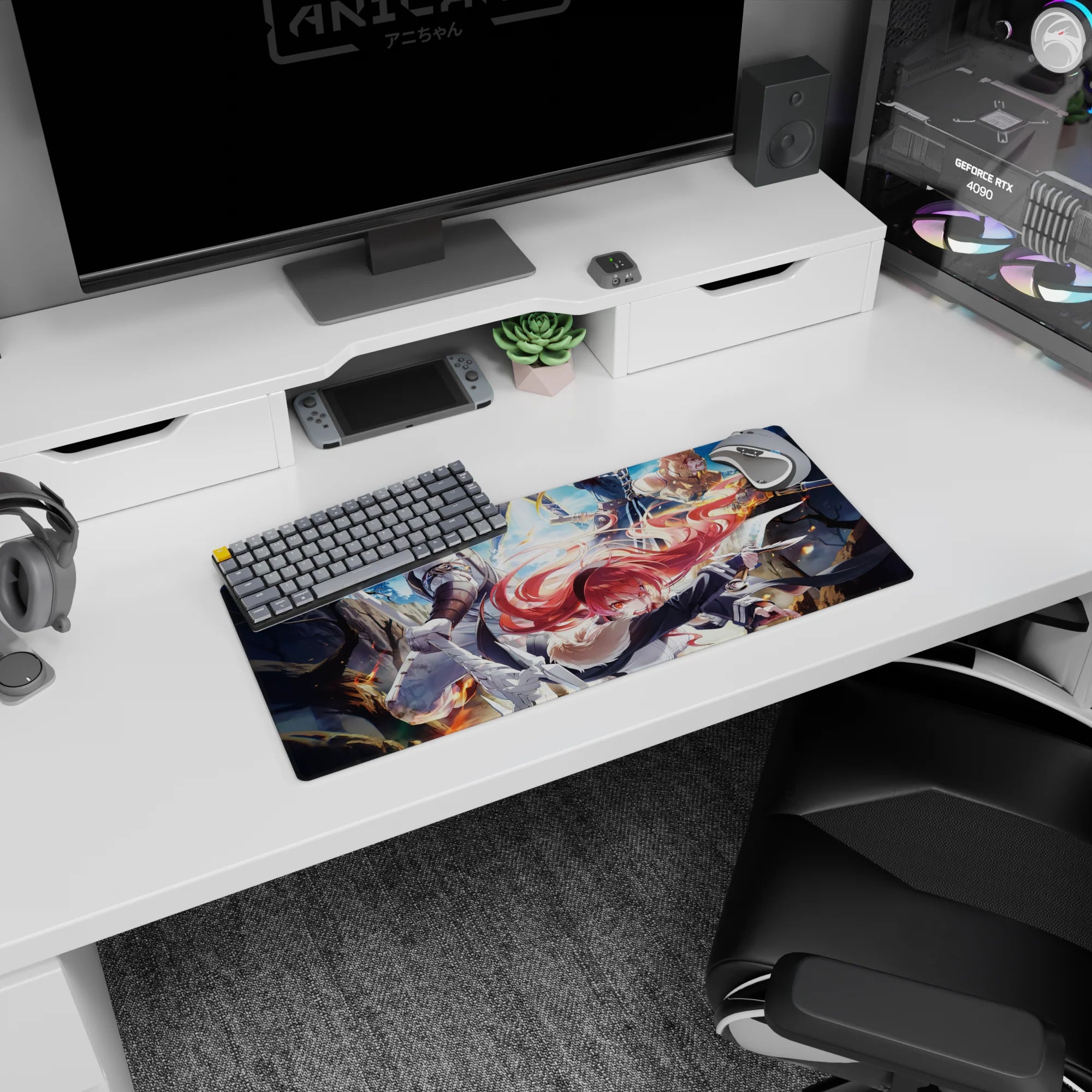 28x12 inches anime mouse pad showing red-haired swordsman lunging as green-haired warrior grips a rope.