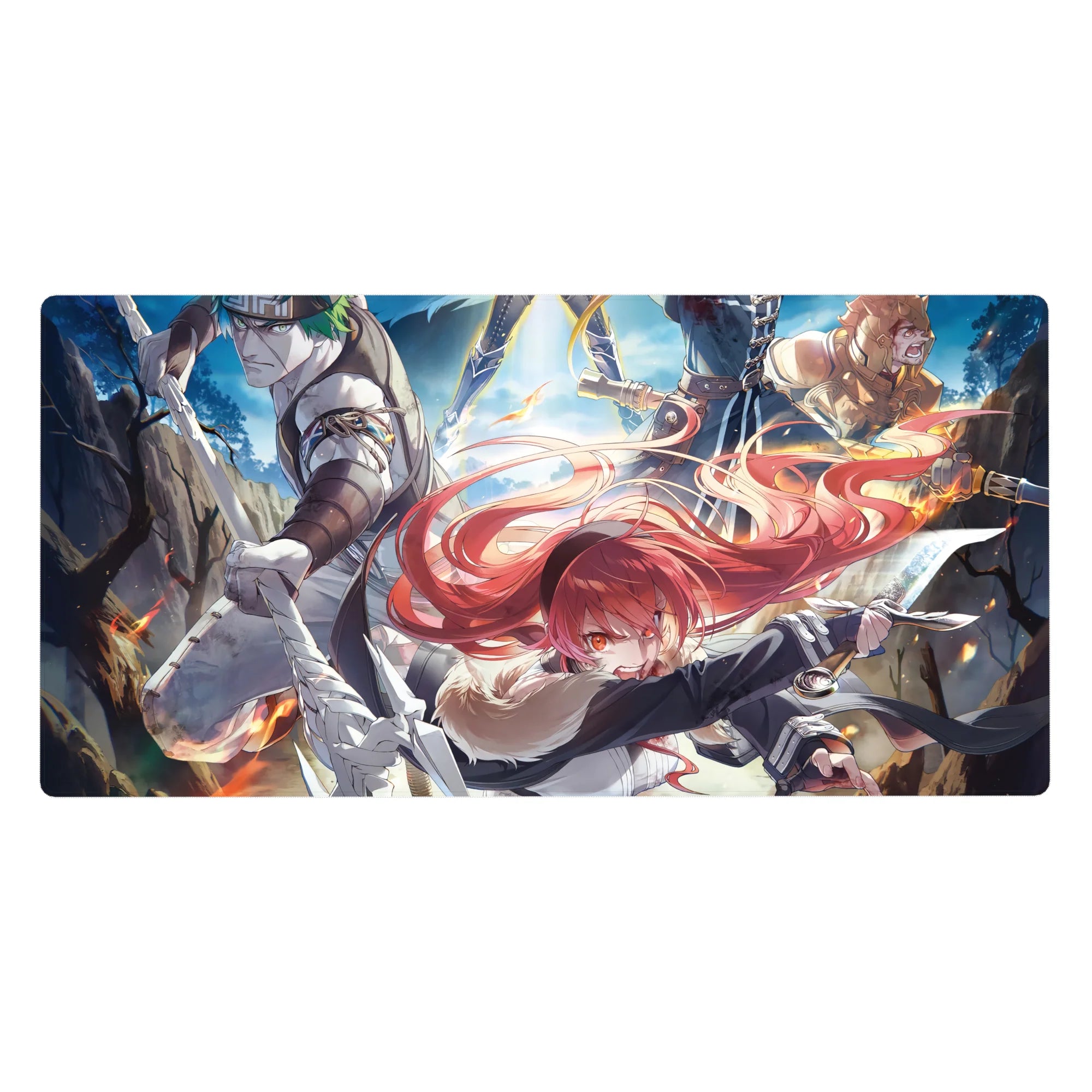 40x20 inches anime desk pad with cliffside duel, red-haired fighter vs green-haired warrior, embers flying.