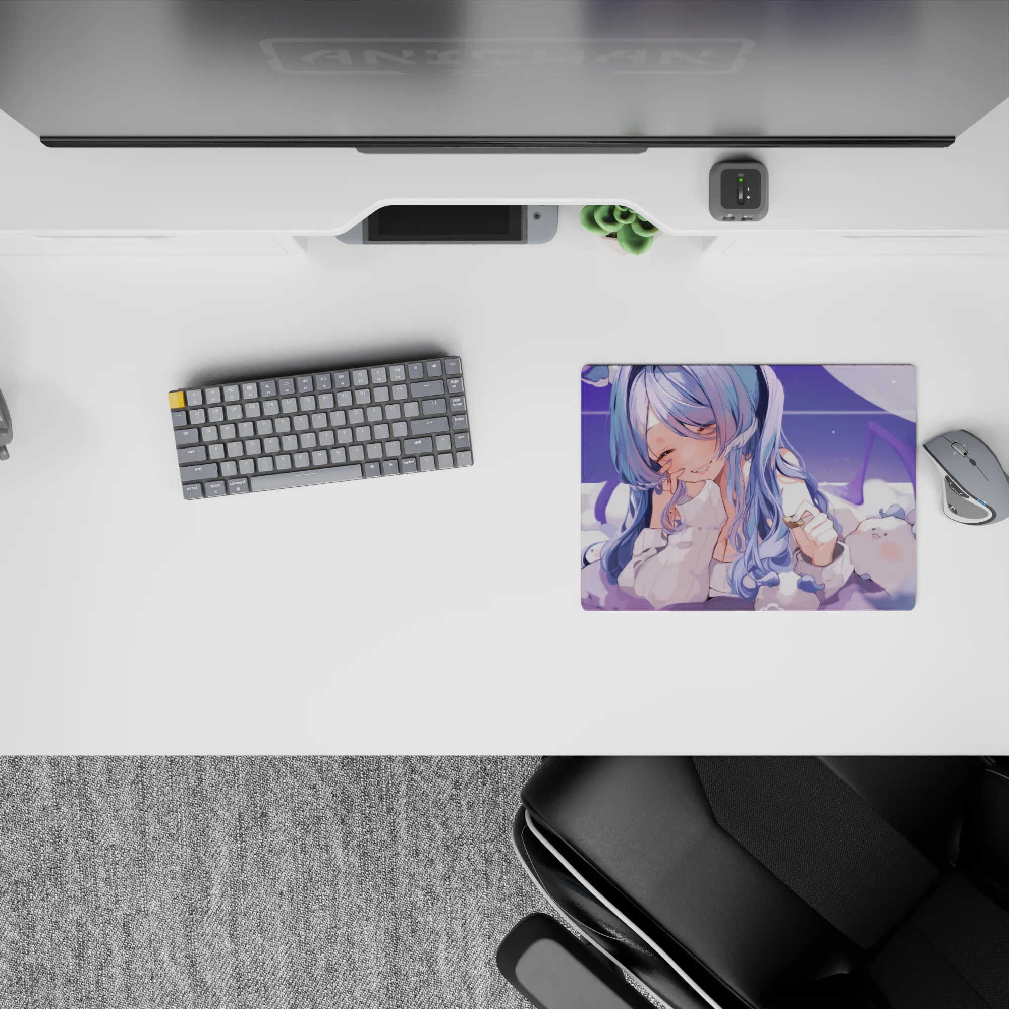 Pastel lavender grid sparkle anime mouse pad 14x10 inches, calming dreamy mood with lilac-blue hair.