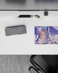 Pastel lavender grid sparkle anime mouse pad 14x10 inches, calming dreamy mood with lilac-blue hair.