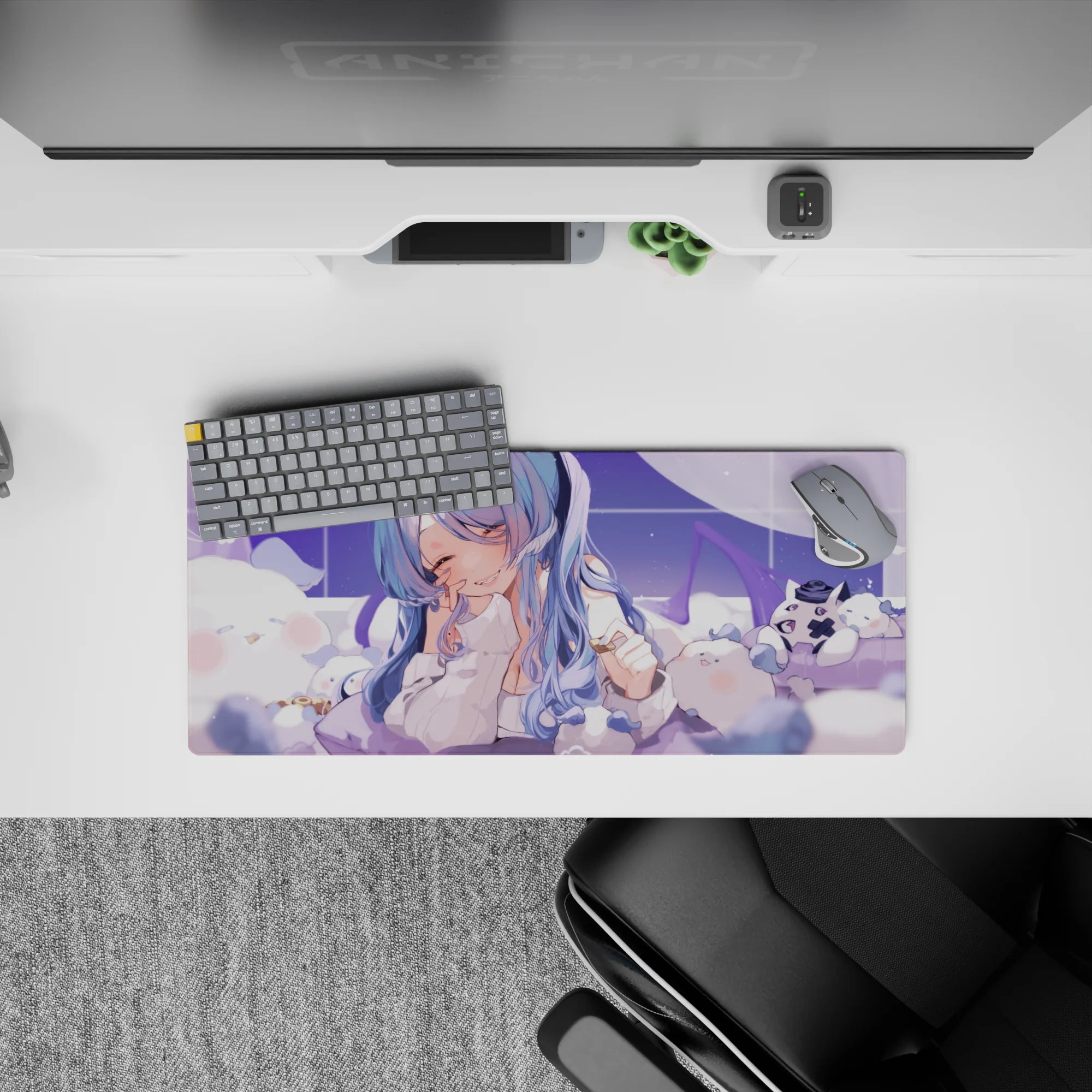 28x12 inches pastel lavender grid sparkle mouse pad, calming dreamy kawaii anime aesthetic.