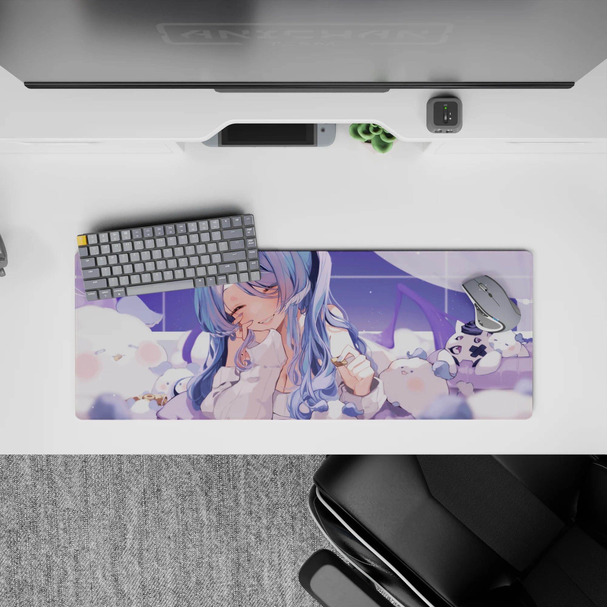 32x12 inches pastel lavender grid anime desk mouse pad, dreamy calming kawaii vibe with soft sparkles.