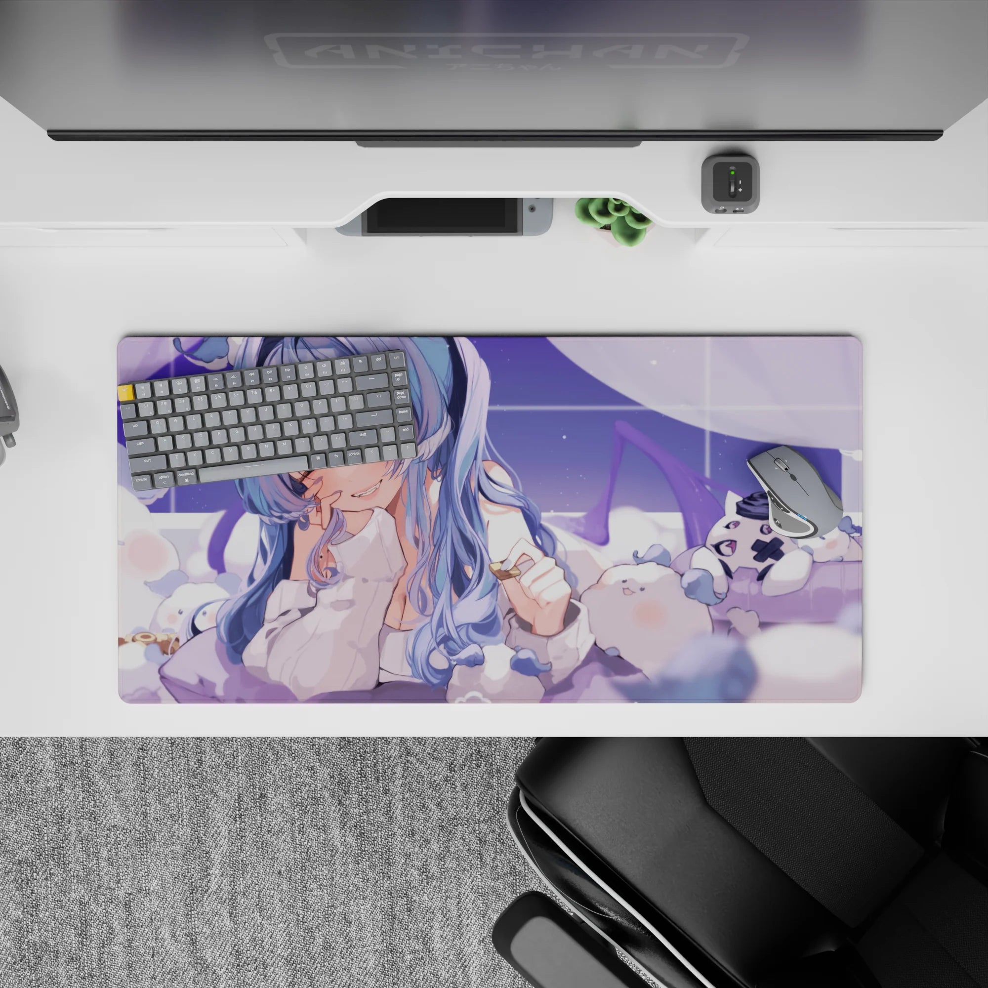 Lavender sky anime desk mat in calming pastel tones with blue-to-lilac hair and soft cloud pillows, 32x16 inches.