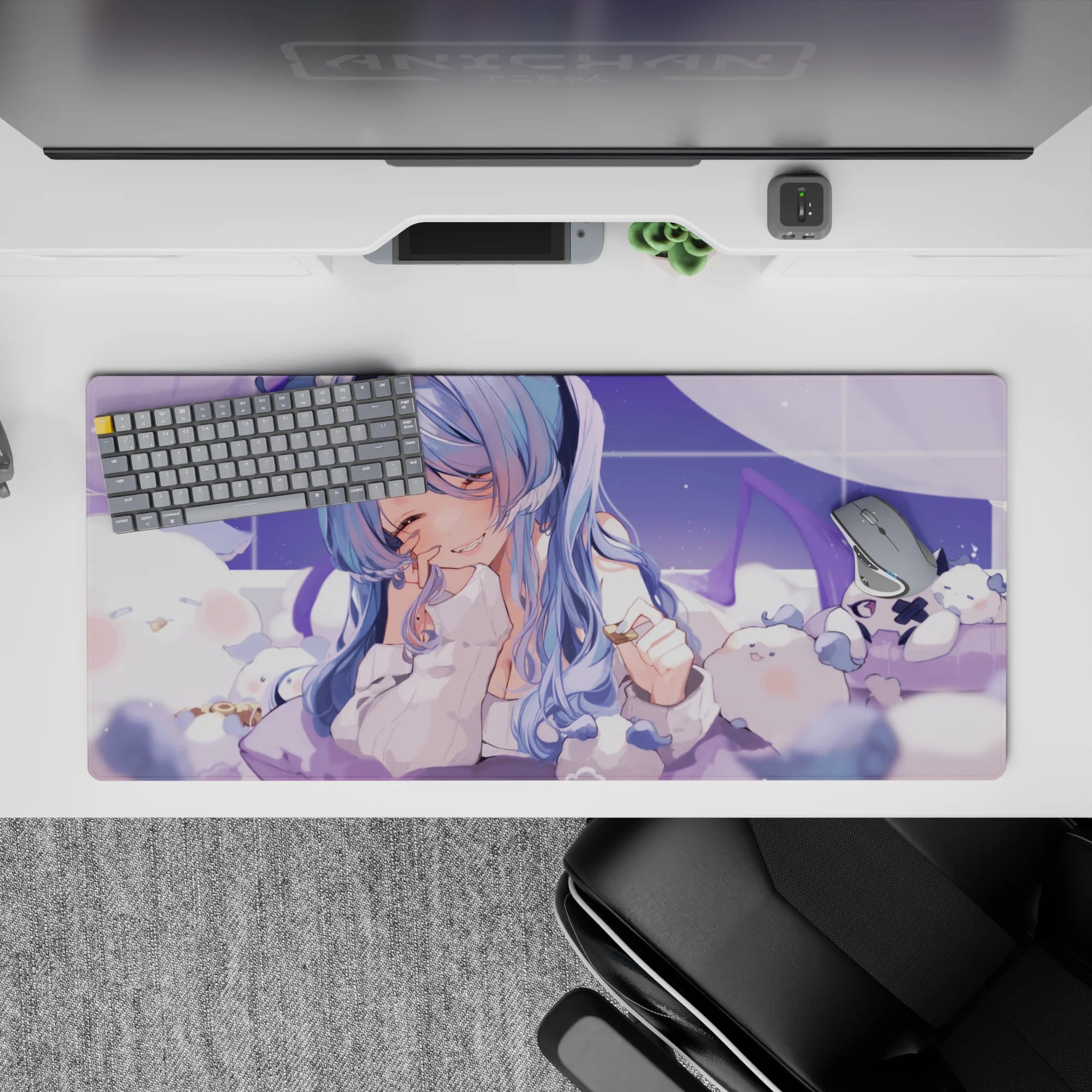 Lavender sky anime desk pad 36x16 inches in soft pastel tones, cozy kawaii vibe and calming mood.