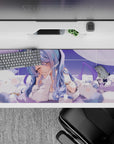 Lavender sky anime desk pad 36x16 inches in soft pastel tones, cozy kawaii vibe and calming mood.