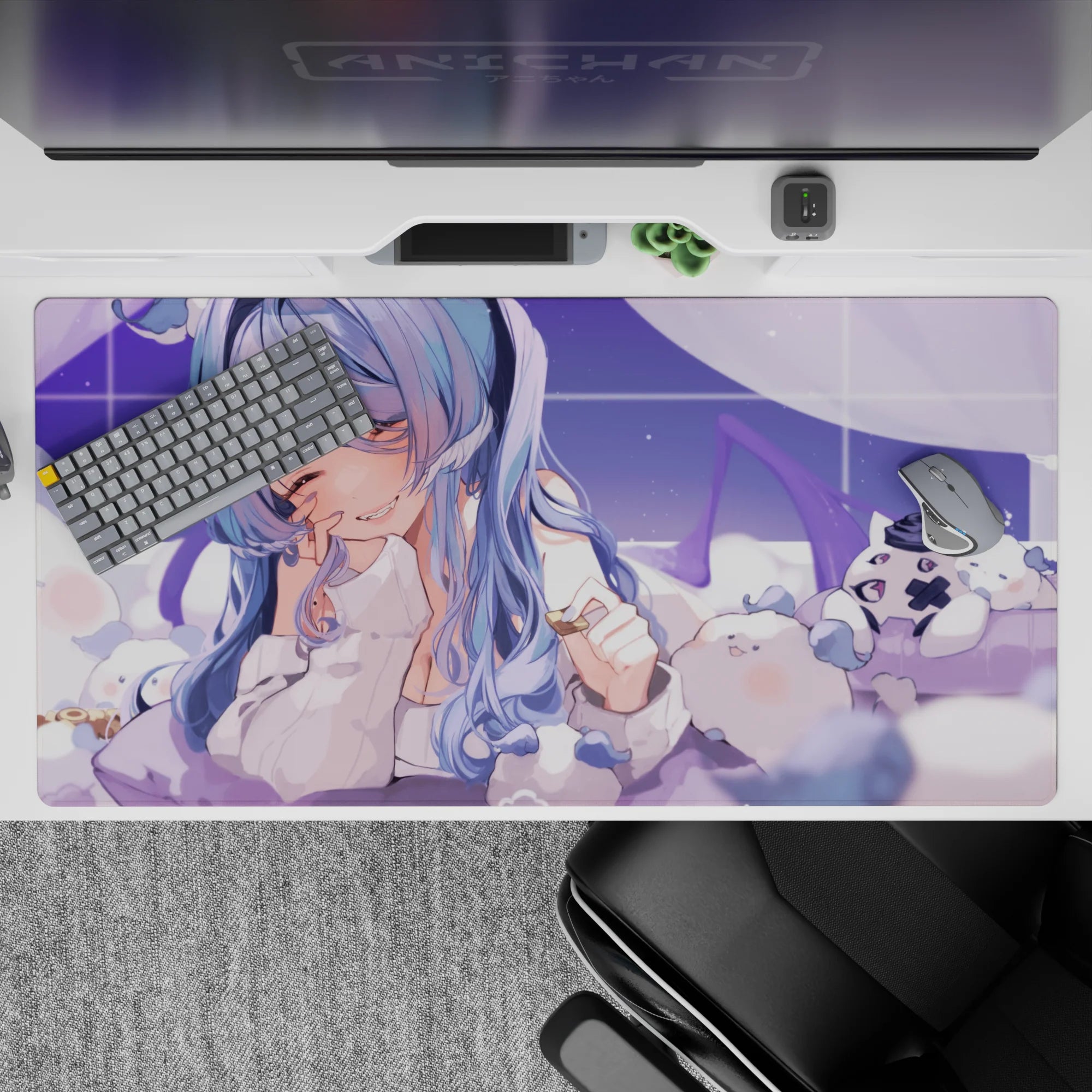 Pastel lavender sky anime desk pad 40x20 inches, soft grid shimmer and calming cute vibe.