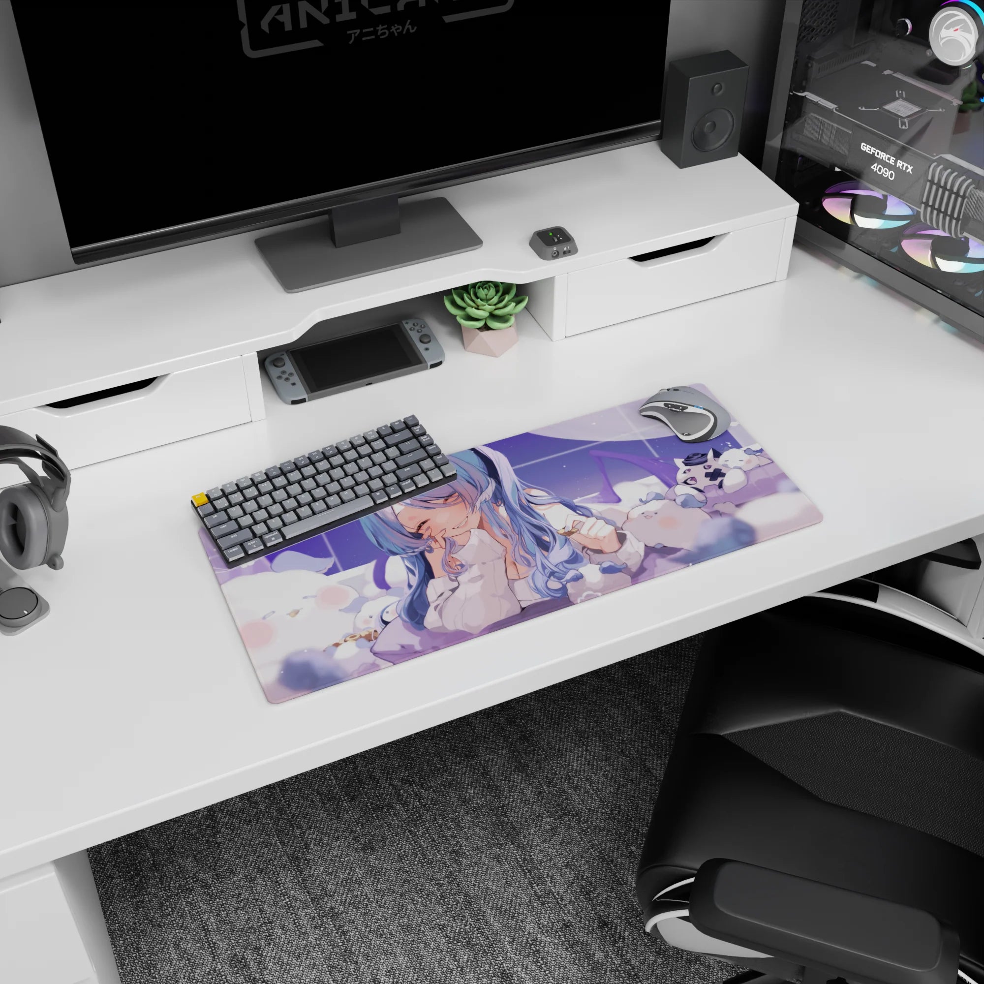 28x12 inches anime girl desk mat, blue-to-lilac hair, teasing smile, hand-to-lips on plush clouds.