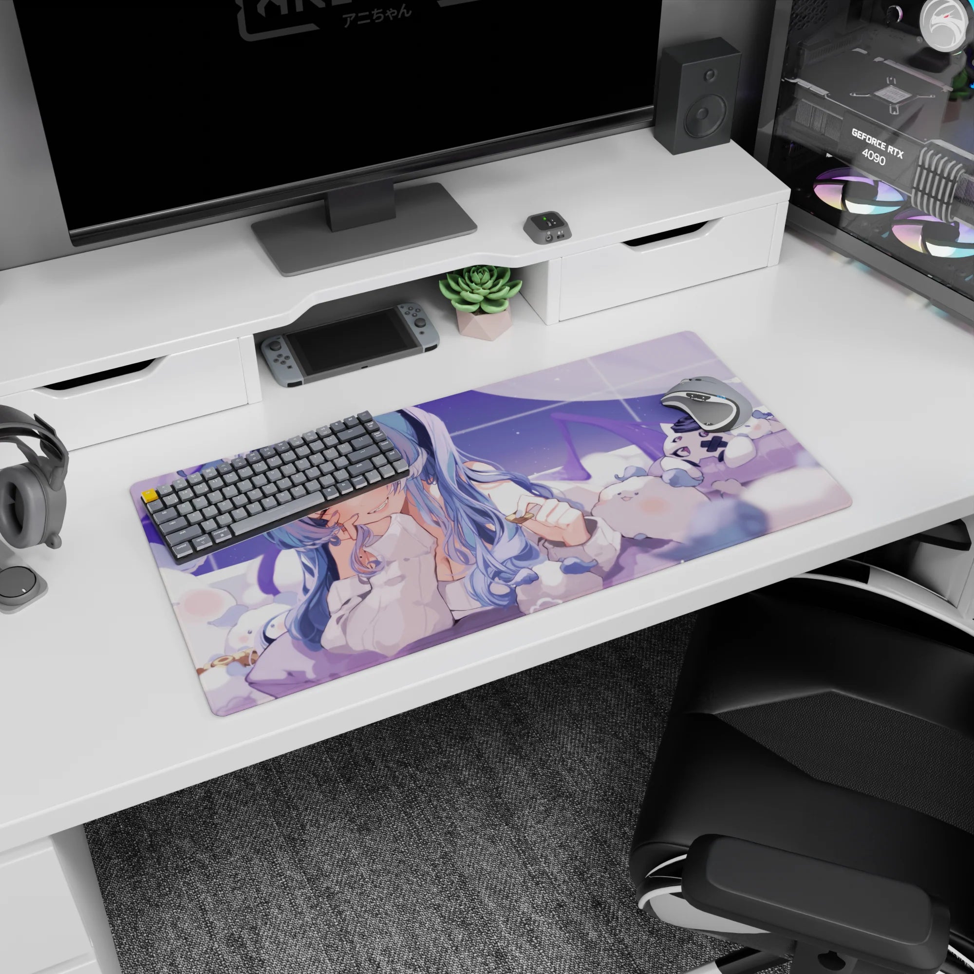 Teasing anime girl in oversized white hoodie, hand-to-lips, lounging in a plushie pile, 32x16 inches.