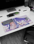 Teasing anime girl in oversized white hoodie, hand-to-lips, lounging in a plushie pile, 32x16 inches.