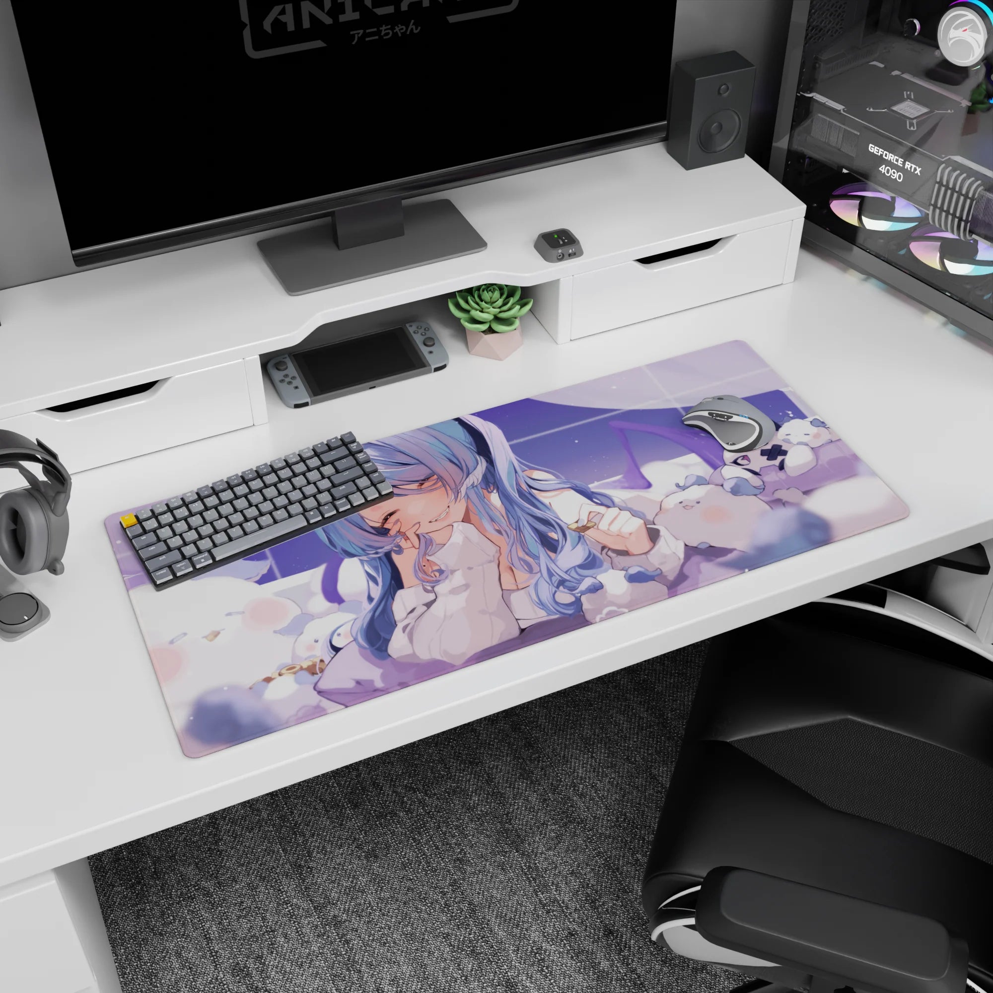 Anime girl in oversized white hoodie desk pad 36x16 inches, blue-lilac hair, teasing hand-to-lips pose.