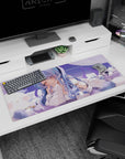 Anime girl in oversized white hoodie desk pad 36x16 inches, blue-lilac hair, teasing hand-to-lips pose.