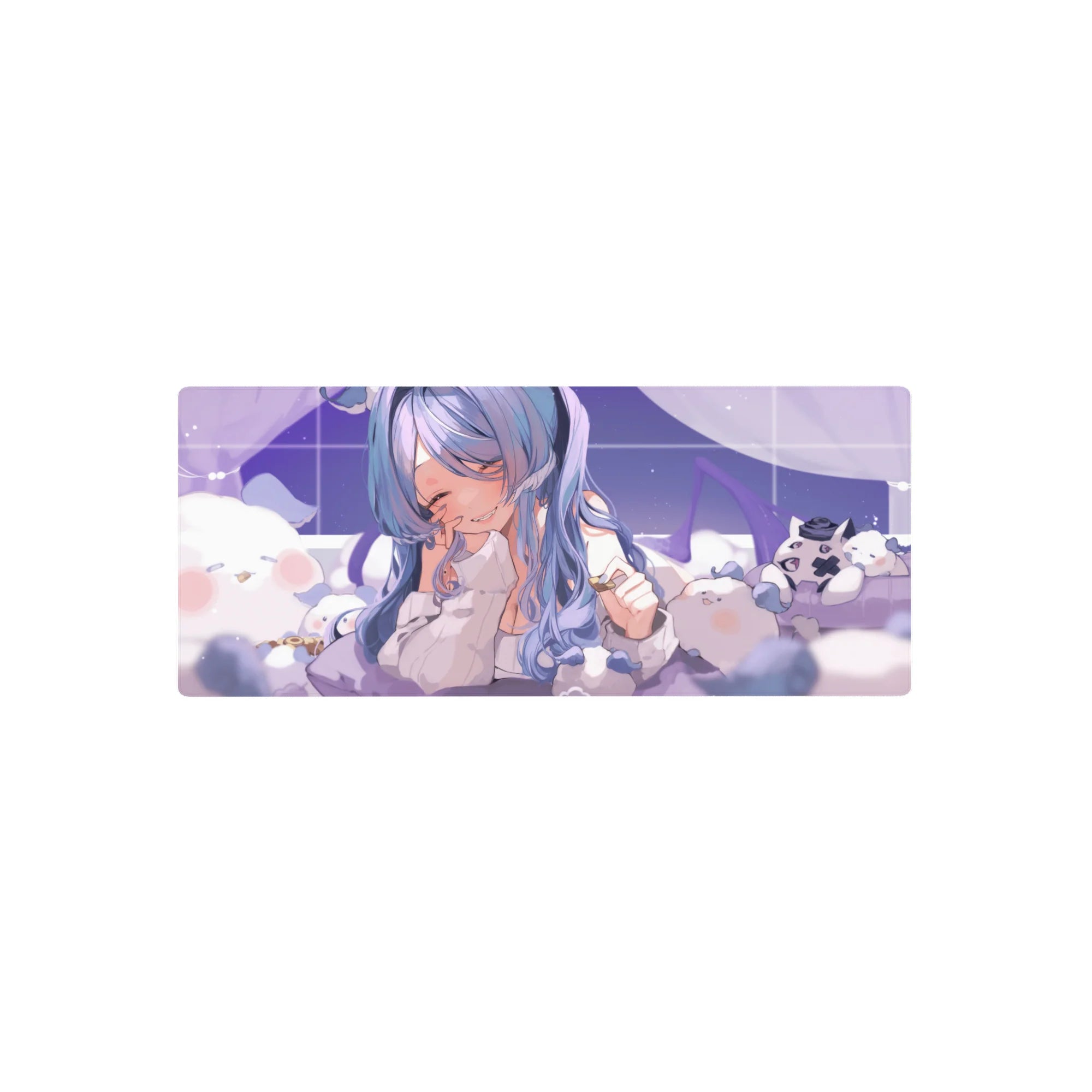 28x12 inches anime girl mouse pad with pastel plushie pile, oversized hoodie, cute kawaii desk mat.