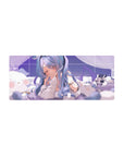 28x12 inches anime girl mouse pad with pastel plushie pile, oversized hoodie, cute kawaii desk mat.
