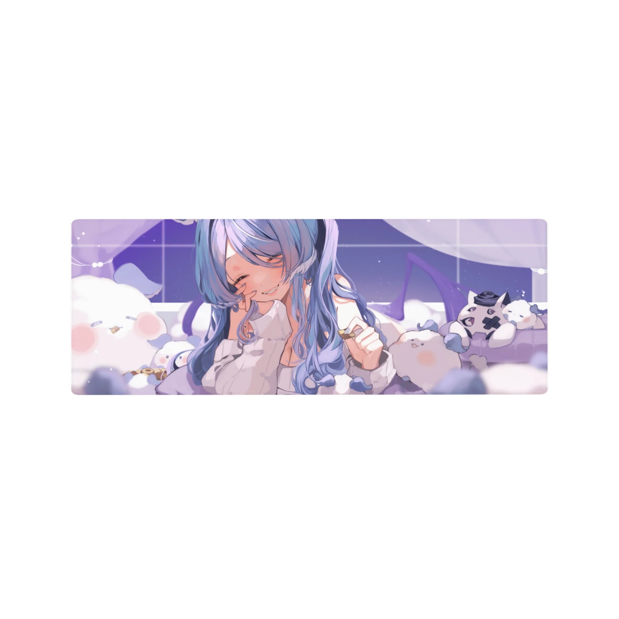 32x12 inches anime girl mouse pad with plushie pile, oversized white hoodie, cute pastel desk mat.