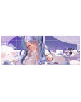 32x12 inches anime girl mouse pad with plushie pile, oversized white hoodie, cute pastel desk mat.