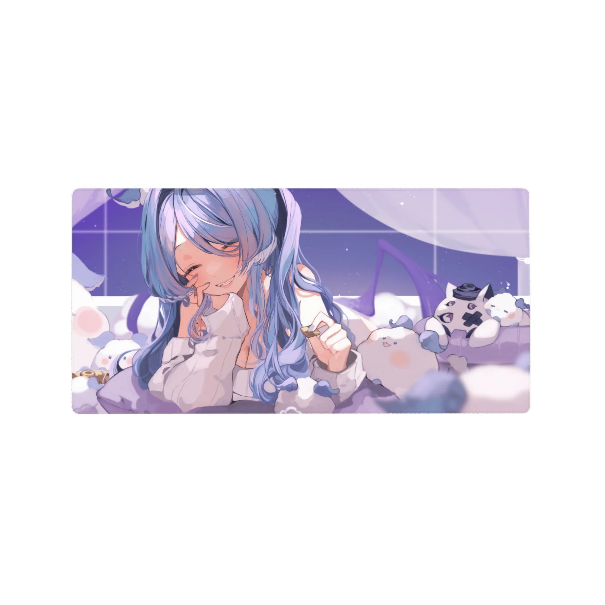 Pastel kawaii anime girl mouse pad with plushies, hoodie, and sparkly grid background, 32x16 inches.