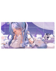 Pastel kawaii anime girl mouse pad with plushies, hoodie, and sparkly grid background, 32x16 inches.