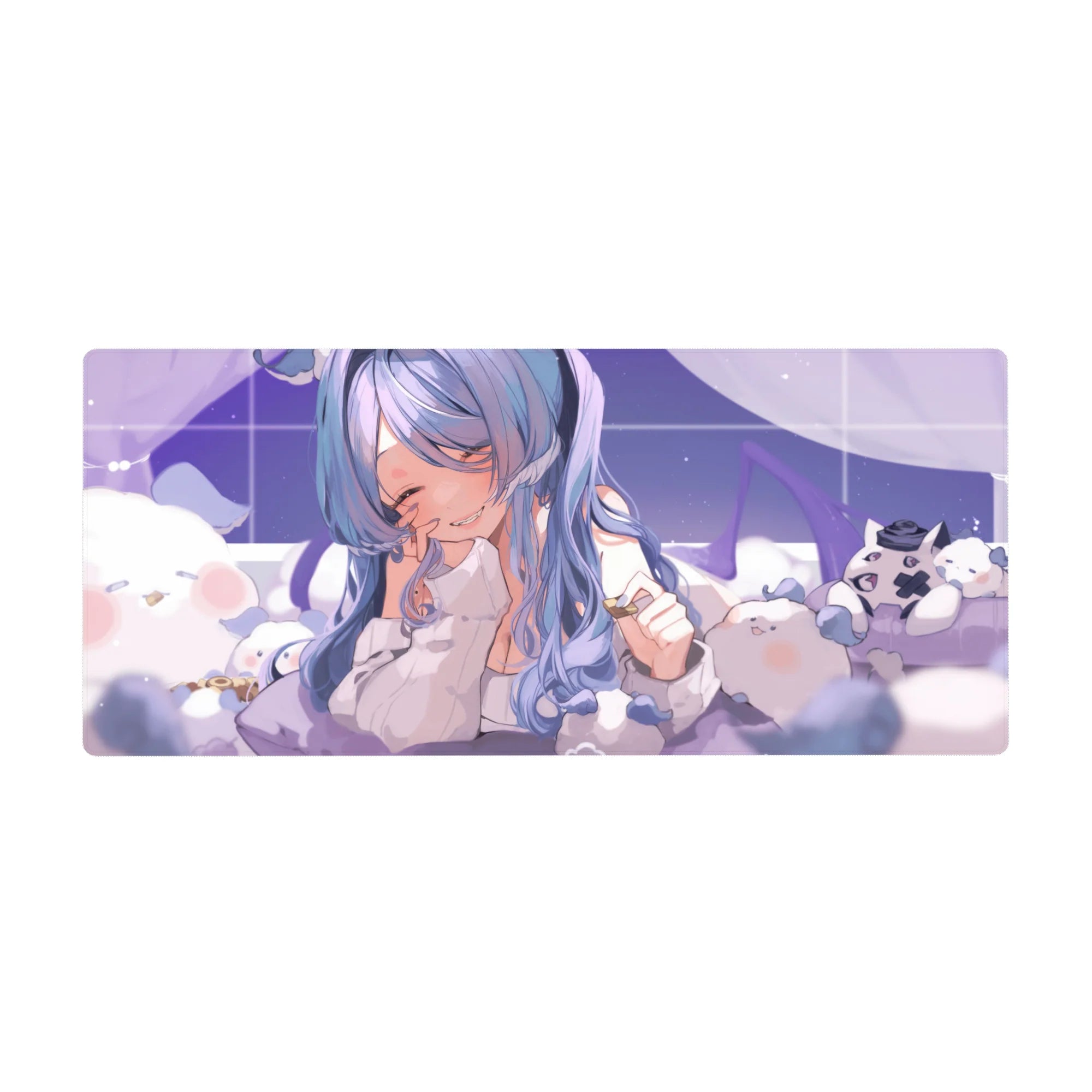 Pastel anime girl desk pad 36x16 inches with plushies, clouds, and sparkly grid background.