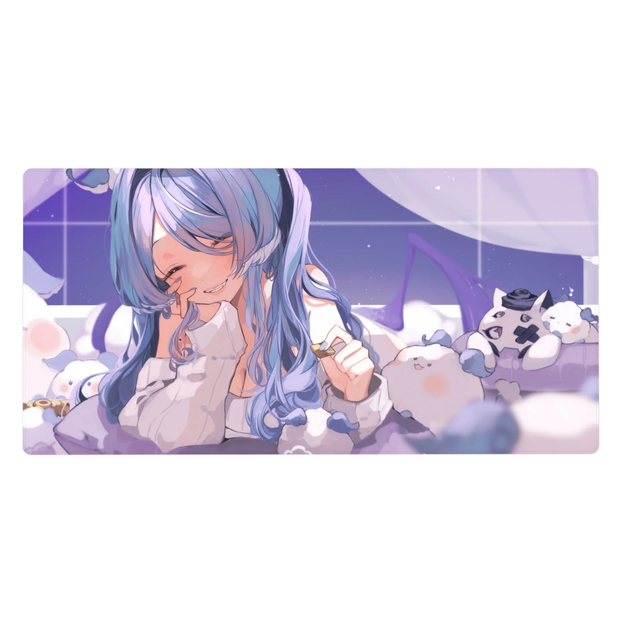 Anime girl desk pad 40x20 inches with plushies, kawaii pillows, grid sparkles, and oversized hoodie.