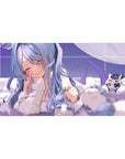 Anime girl desk pad 40x20 inches with plushies, kawaii pillows, grid sparkles, and oversized hoodie.