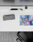 Anime mouse pad 14x10 inches featuring KonoSuba's Aqua, Megumin, Darkness, and Kazuma with vibrant cityscape.