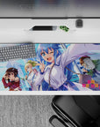 KonoSuba anime mouse pad, 36x16 inches, featuring Aqua, Megumin, Darkness, and Kazuma under a bright city sky.