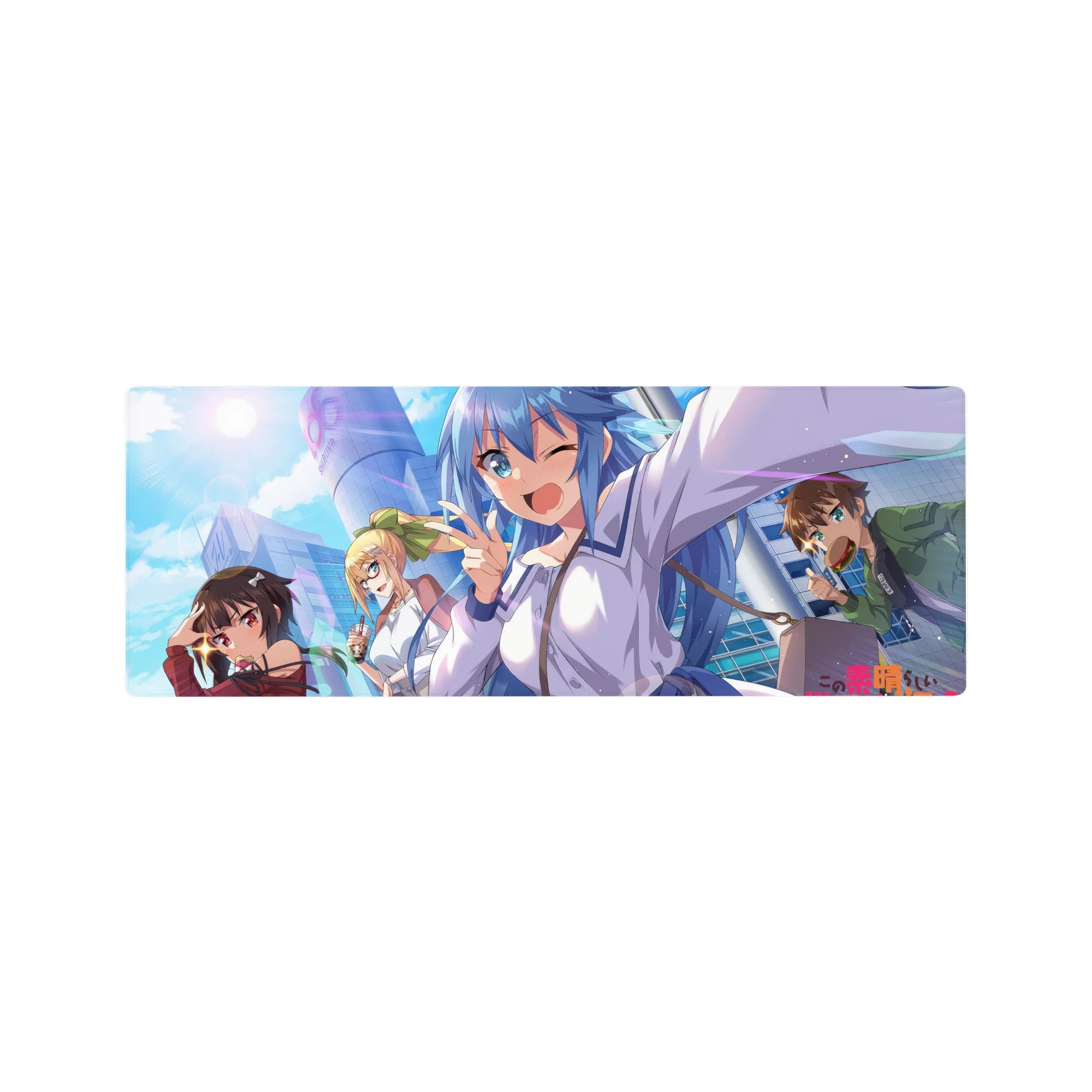 Large 32x12 inch KonoSuba anime mouse pad featuring Aqua, Megumin, Darkness, and Kazuma with vibrant cityscape background.