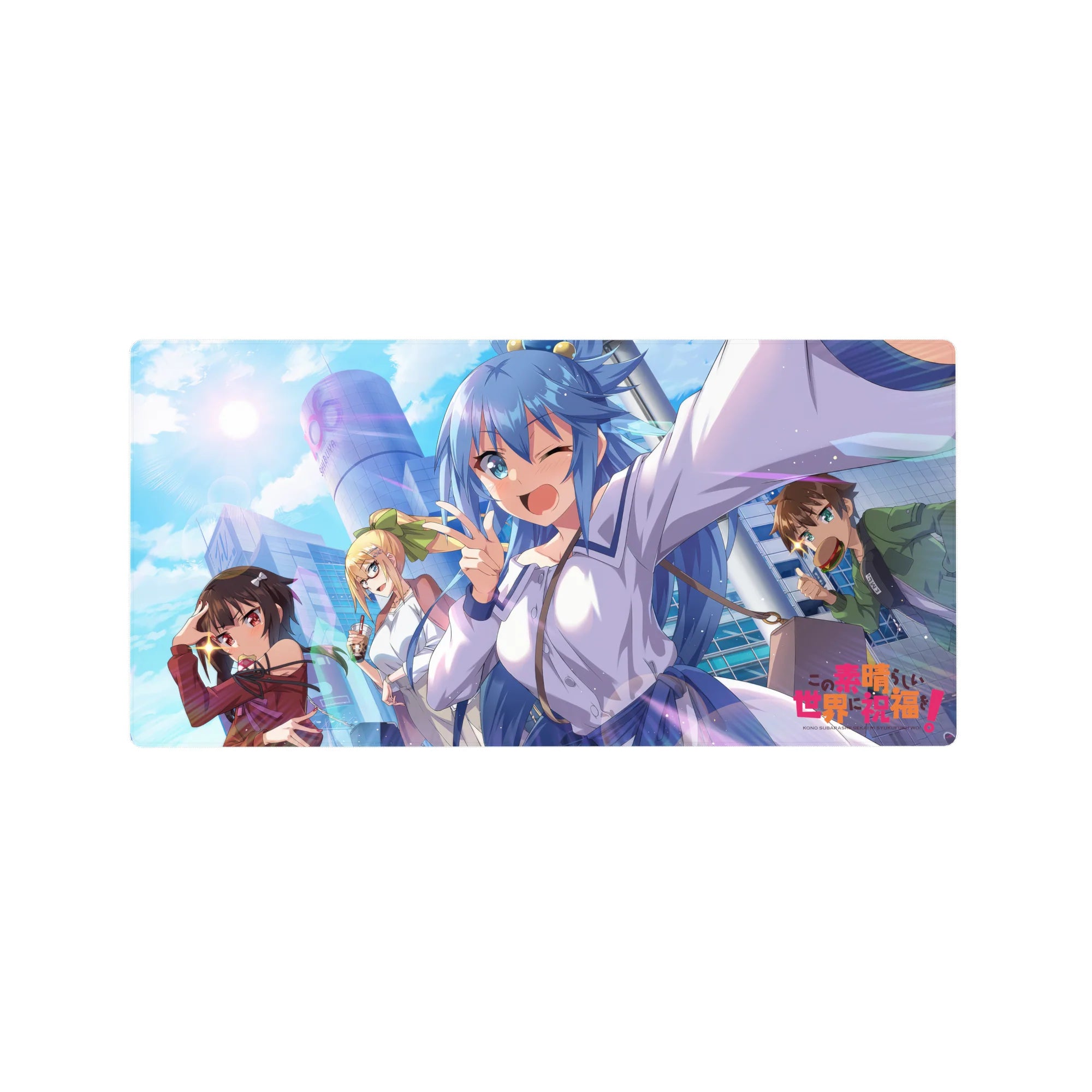 KonoSuba anime mouse pad 32x16 inches featuring Aqua, Megumin, Darkness, Kazuma under bright skies and city vibes.