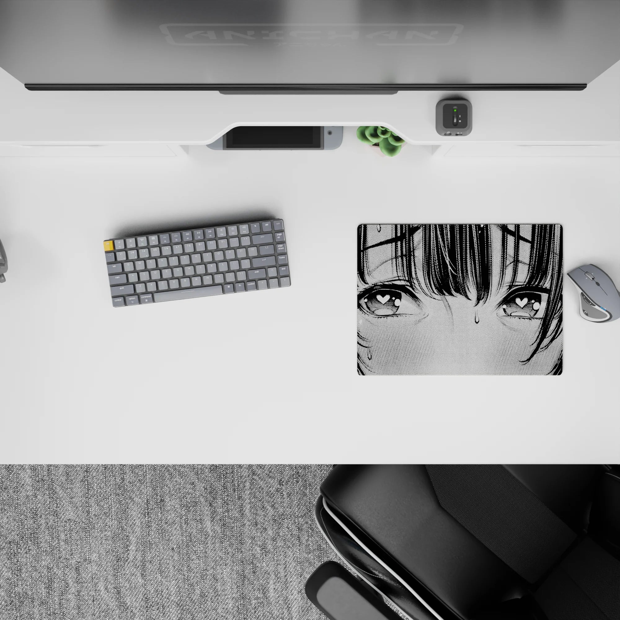 Gray-toned 14x10 inches anime girl mouse pad, blushing and lovestruck, crisp black line art and dots.