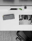 Gray-toned 14x10 inches anime girl mouse pad, blushing and lovestruck, crisp black line art and dots.