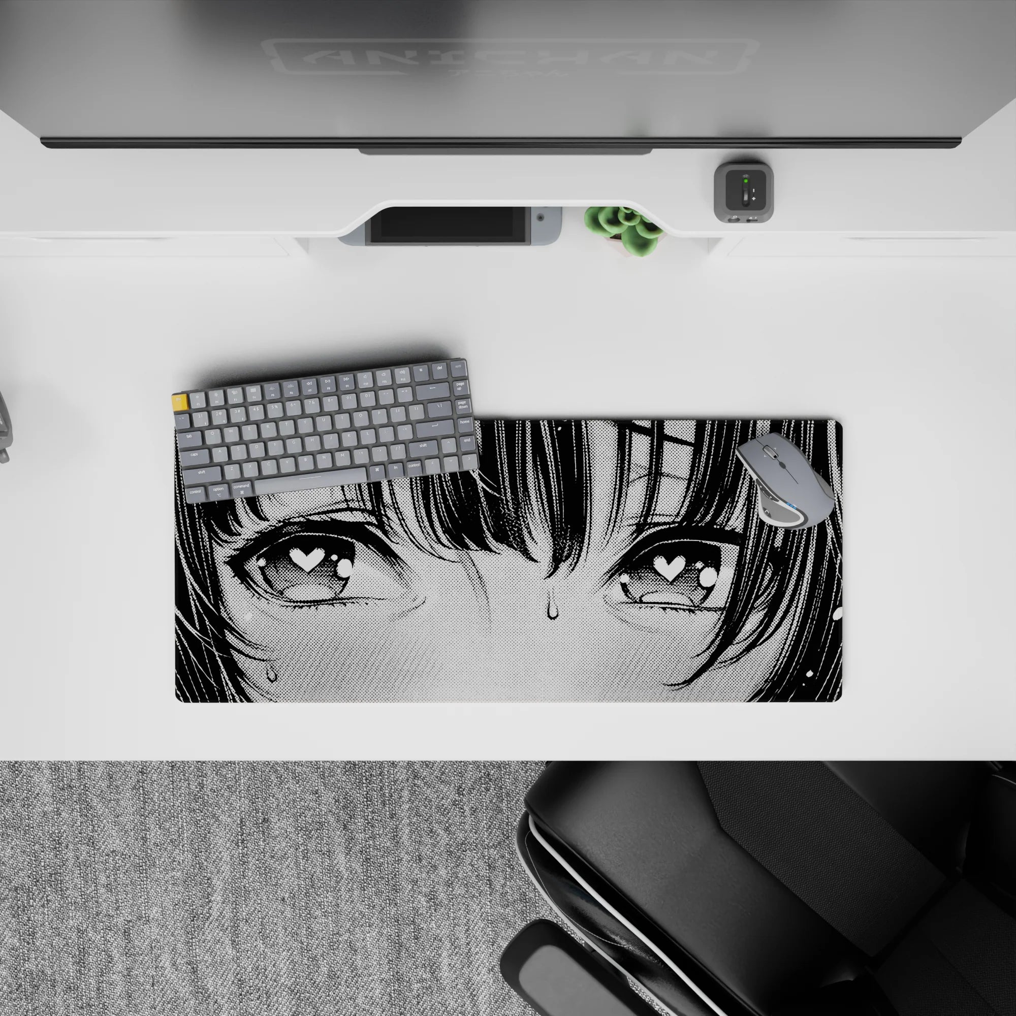 Blushing anime girl mouse pad 28x12 inches in soft gray tones with bold black line art, lovestruck vibe.